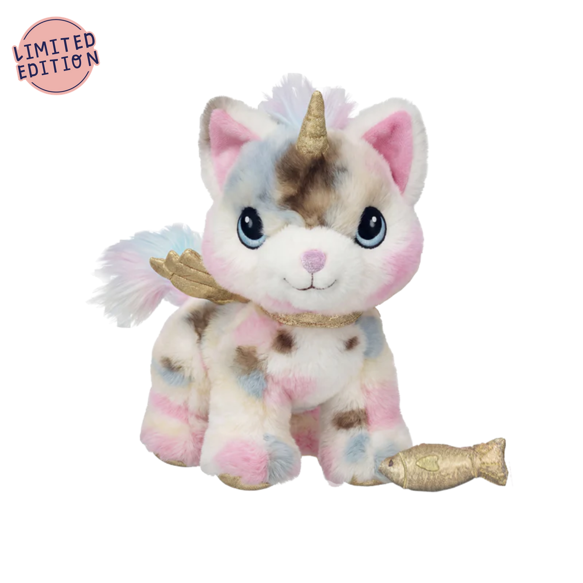 Unicorn plush toy with rainbow pattern and gold accents on a white background