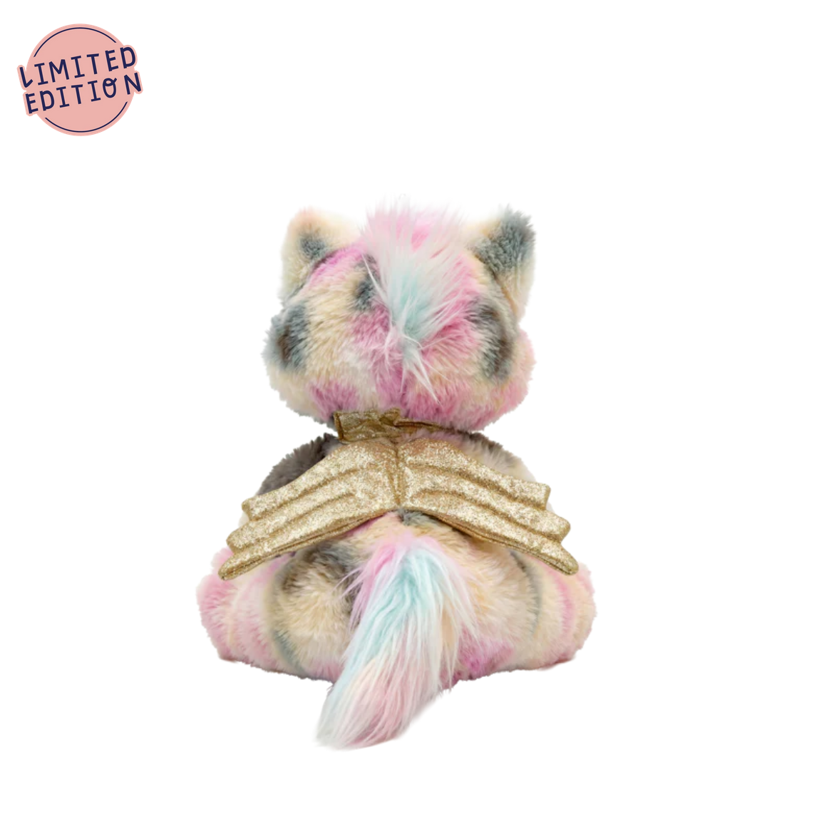 Limited edition plush toy with pastel colors and gold accents on a white background