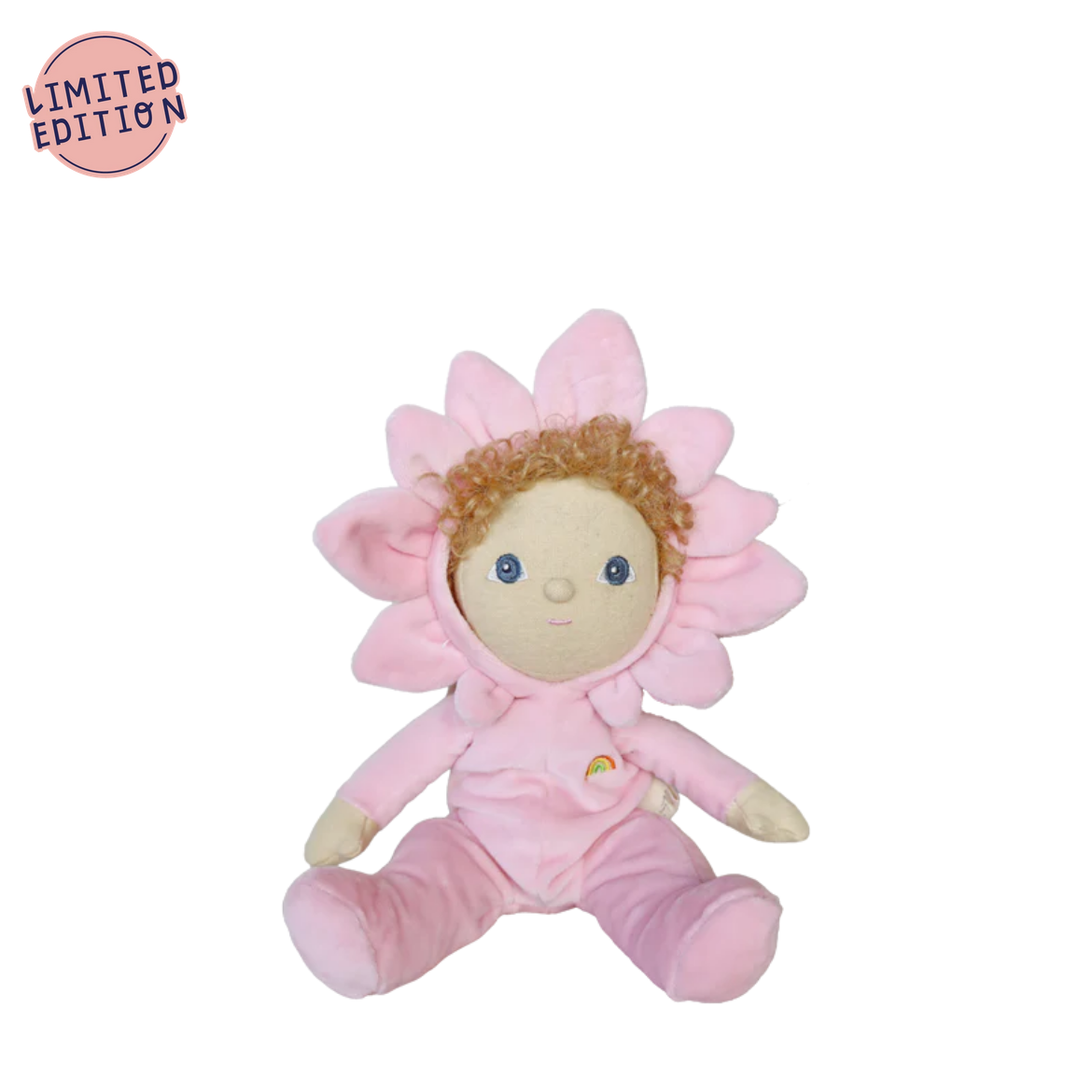 Pink plush toy with flower design on a white background