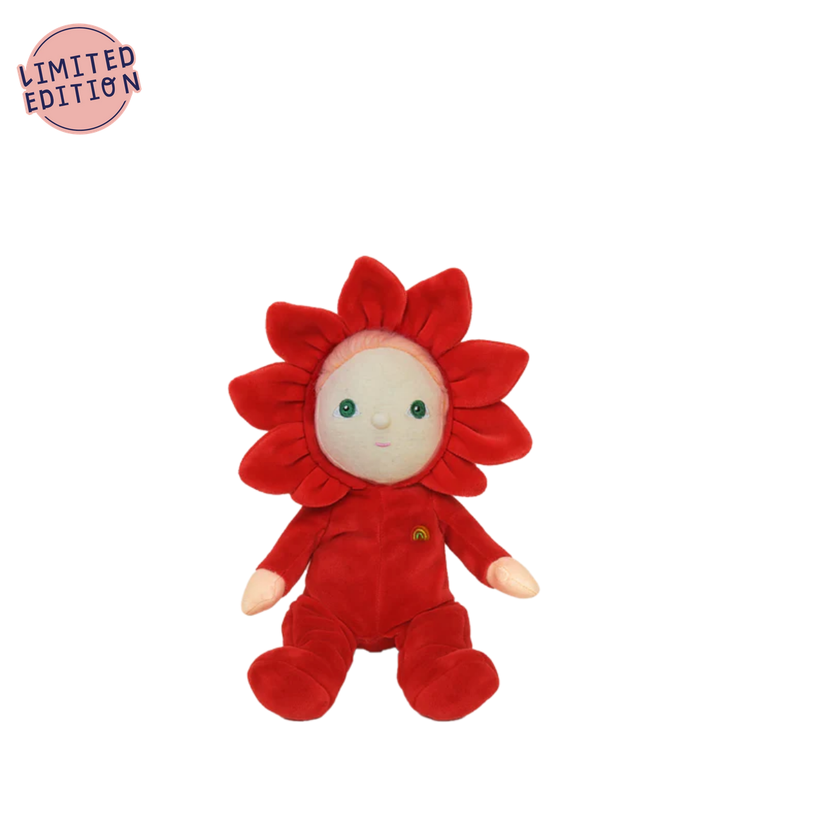 Red plush toy with flower design on a white background