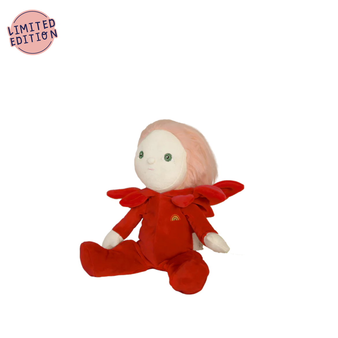 Plush toy with red outfit and pink headband on a white background