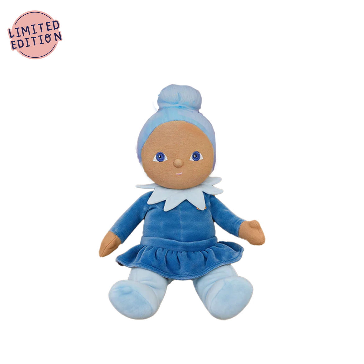Plush toy with blue outfit and hat on a white background
