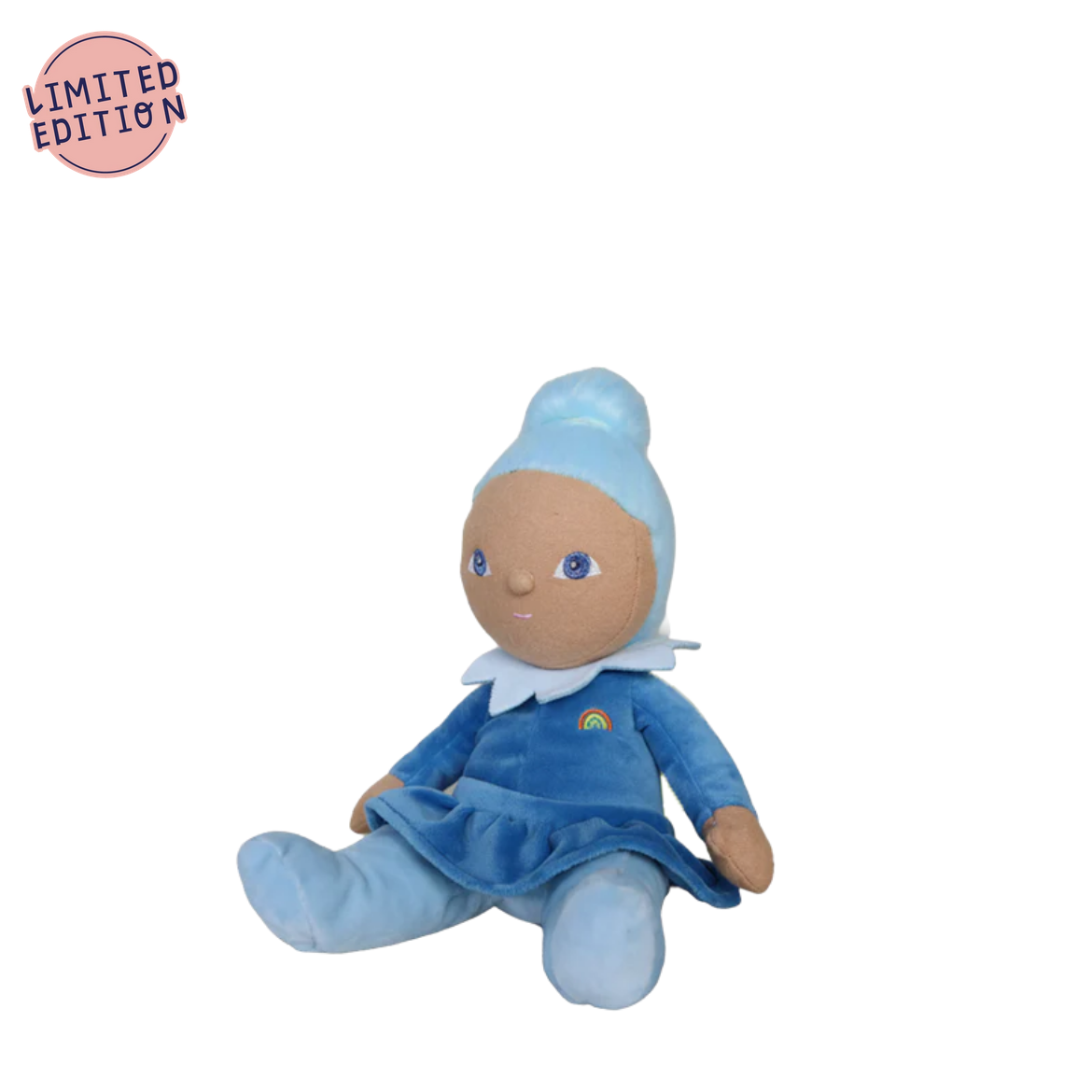 Plush toy with blue outfit and hat on a white background, labeled 'Limited Edition'.
