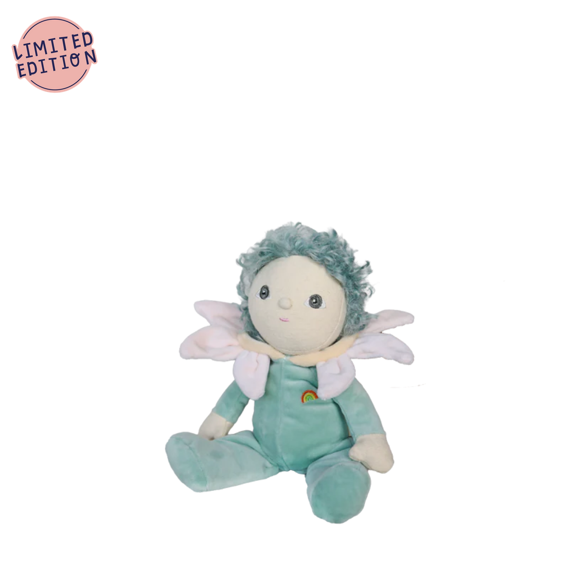 Plush toy fairy with green hair and outfit on a white background