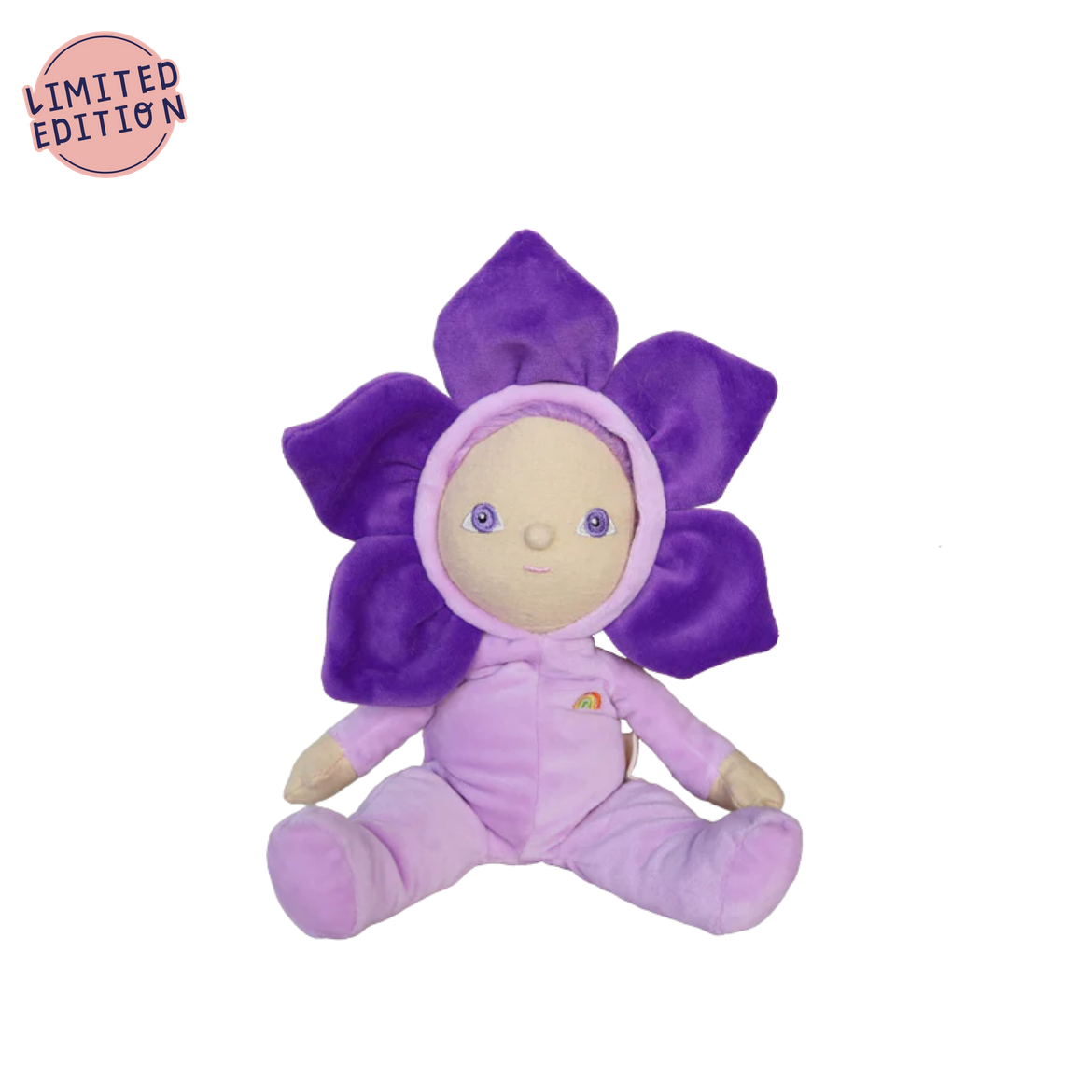 Purple flower-shaped plush toy with a 'Limited Edition' label on a white background