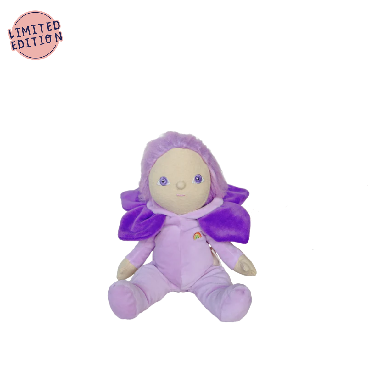 Purple plush toy with a rainbow on a white background