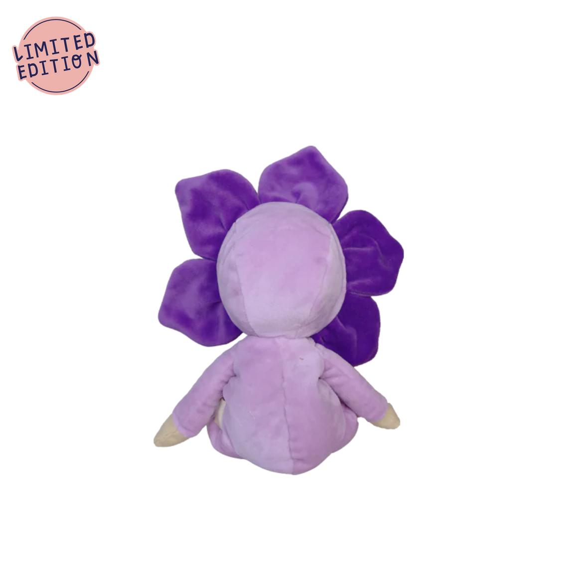 Purple plush toy with flower-like design on a white background