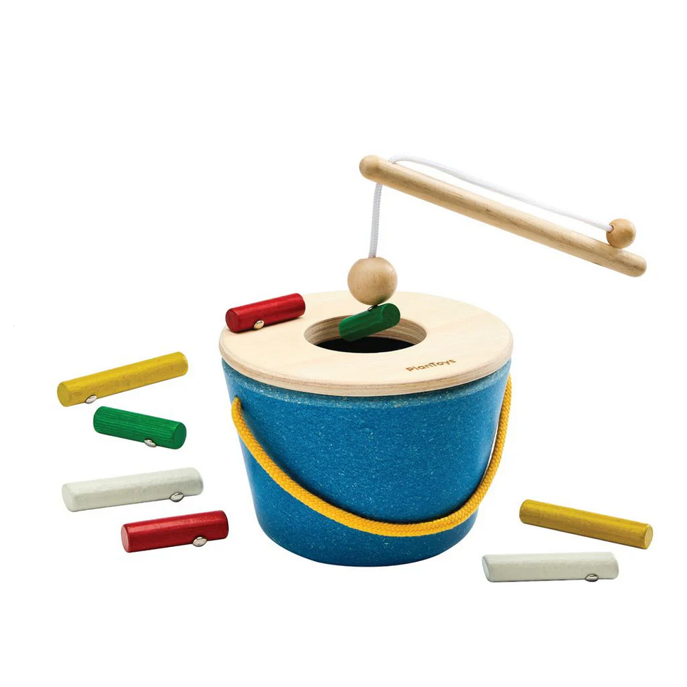 Wooden toy with colorful bars on a white background