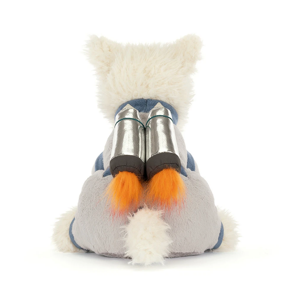 Plush toy resembling a cat with a white face and gray body on a white background