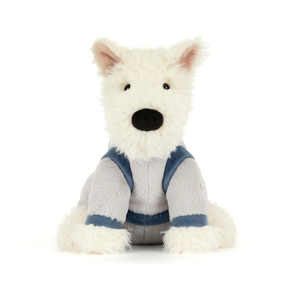 Stuffed dog toy in a space-themed outfit on a white background