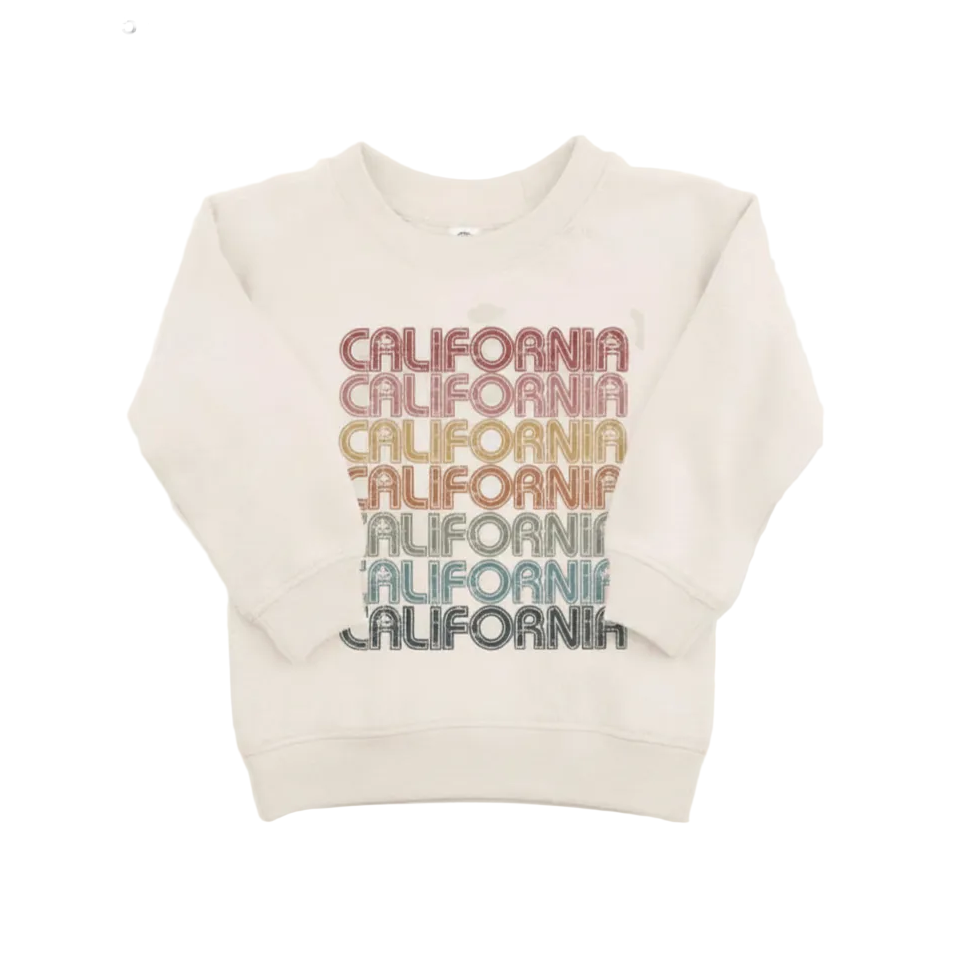 Beige sweater with 'California' text in various colors on a design software interface.