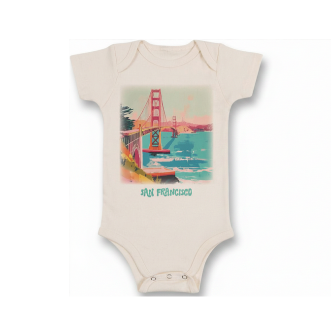 Baby onesie with a graphic design of the Golden Gate Bridge and text on a white background.