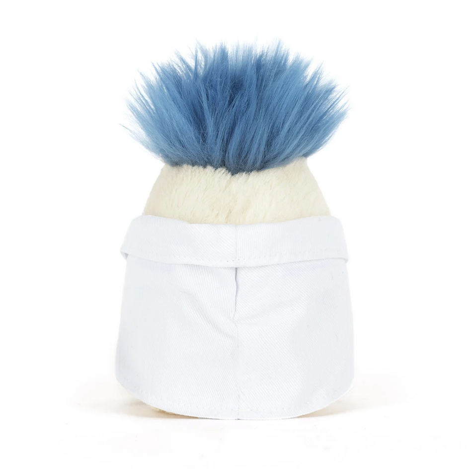 White plush toy with blue fur on a white background