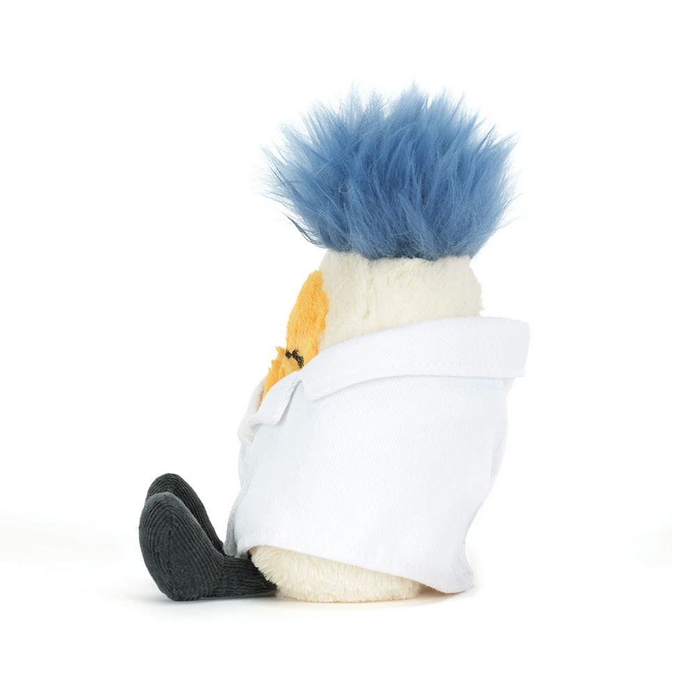 Plush toy of a character with blue hair and white outfit on a white background