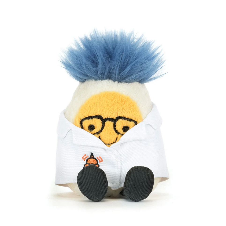 Plush toy resembling a character with blue hair and glasses on a white background