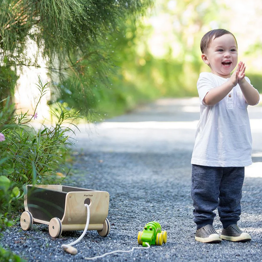 Child playing with a toy cart and green toy on a path with trees in the background