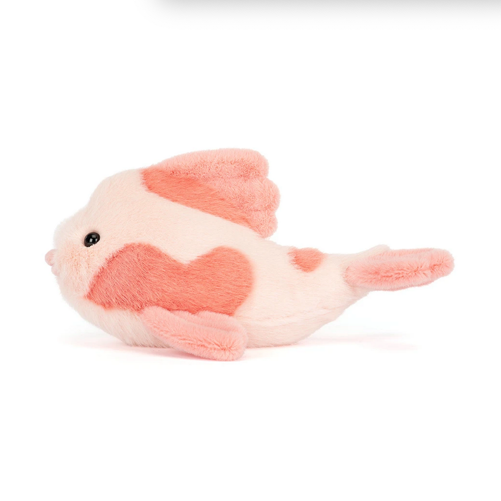 Plush fish toy labeled 'Fancy Carp' on a white background