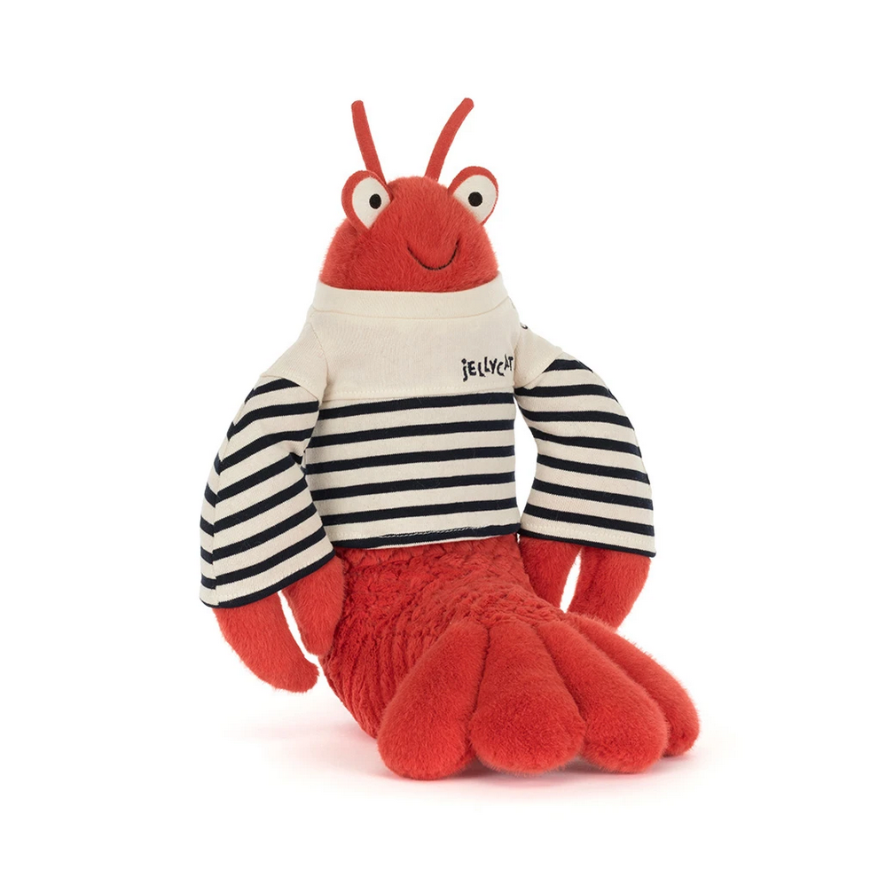 Plush toy lobster with a striped shirt on a white background