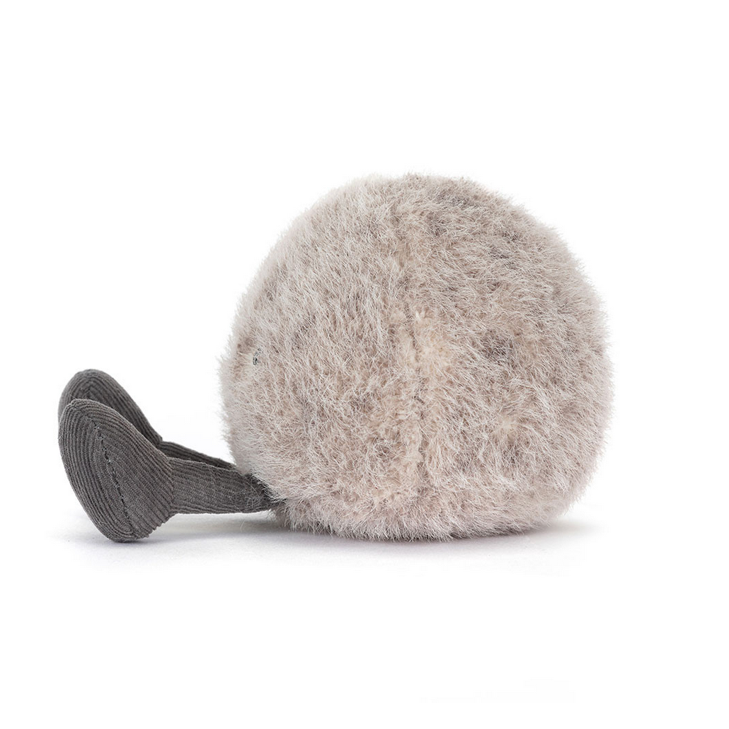 Gray plush toy with a black base on a white background