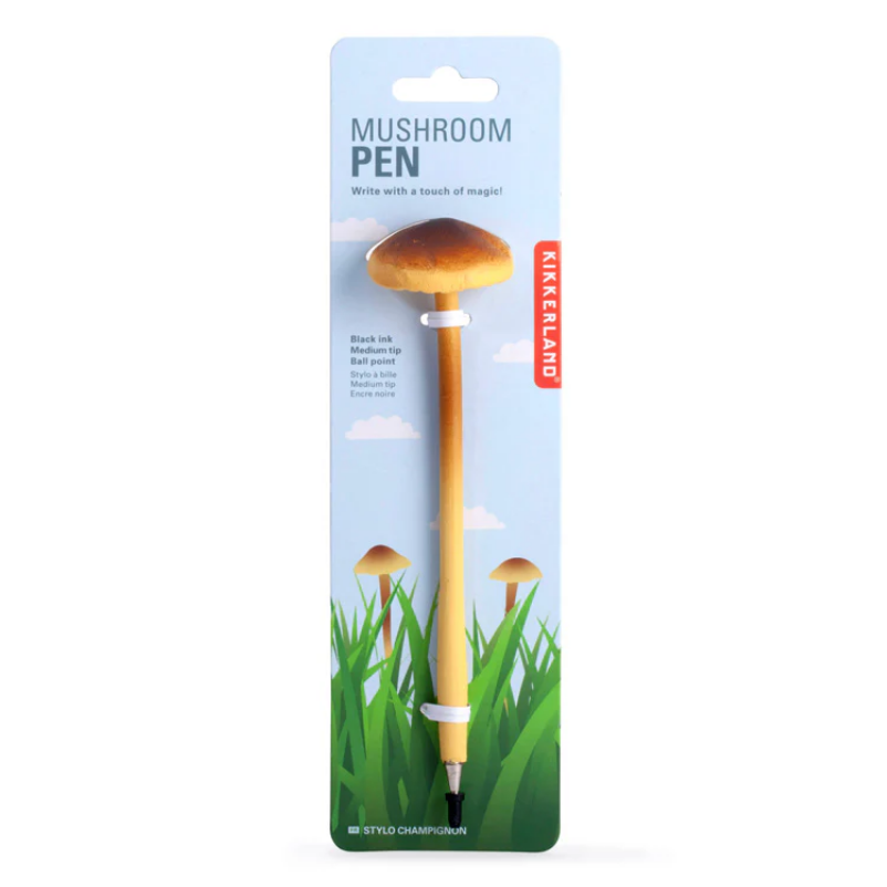 Mushroom-shaped pen in packaging with grass and cloud design