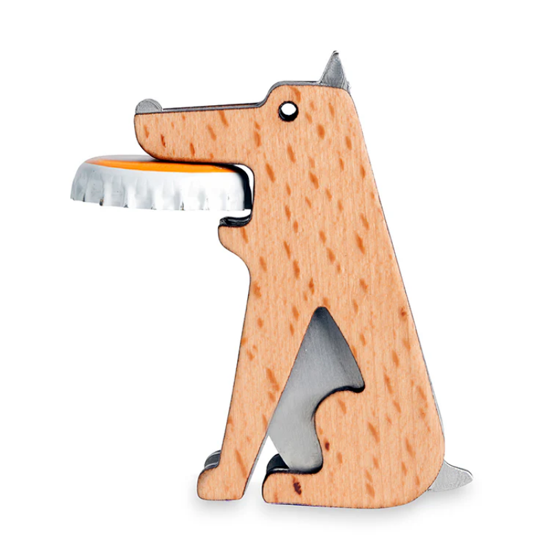 Wooden dog-shaped bottle opener on a white background