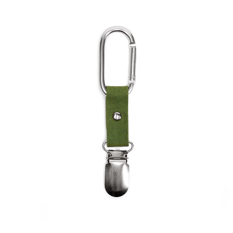 hat holder with green strap and metal carabiner on a white background