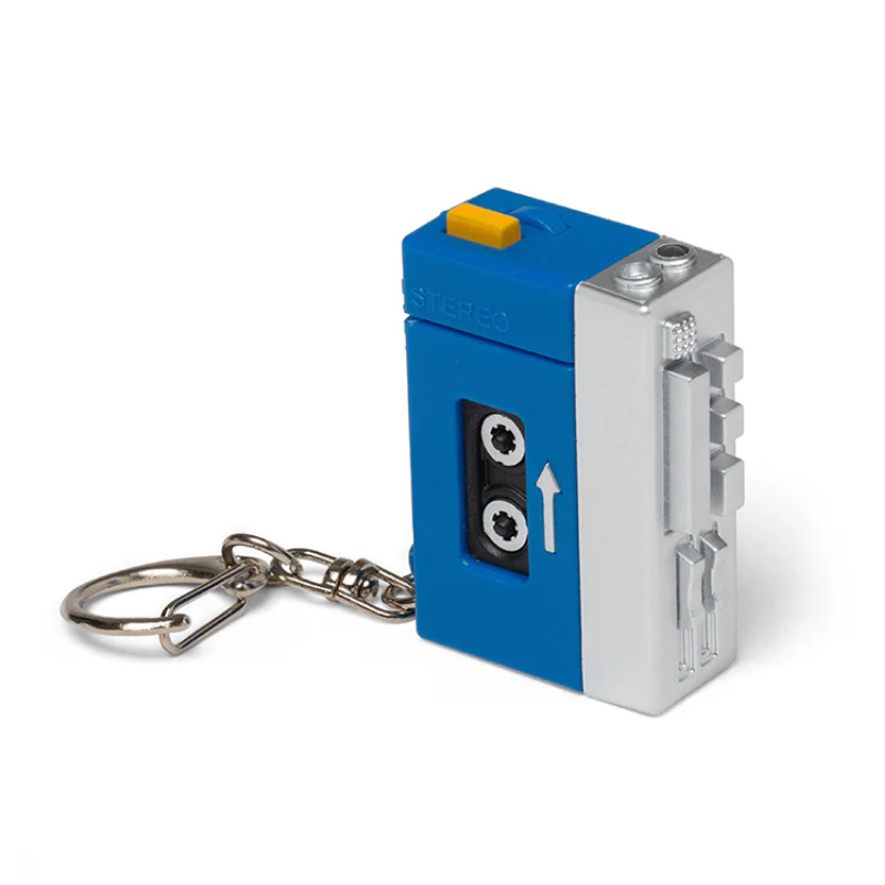 Blue and white cassette tape keychain on a white background