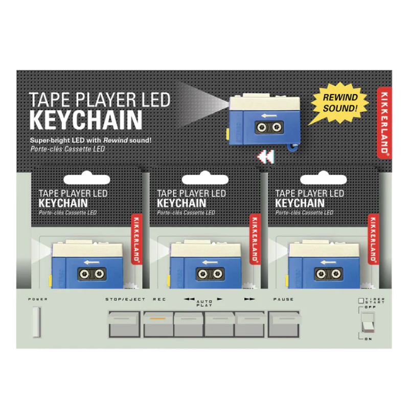 Packaging of Tape Player LED Keychain with Kikkerland branding