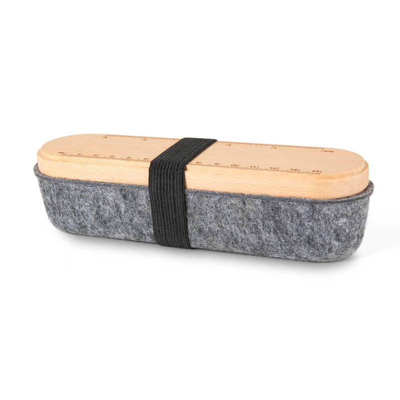 Bento box with wooden lid and gray body on a white background