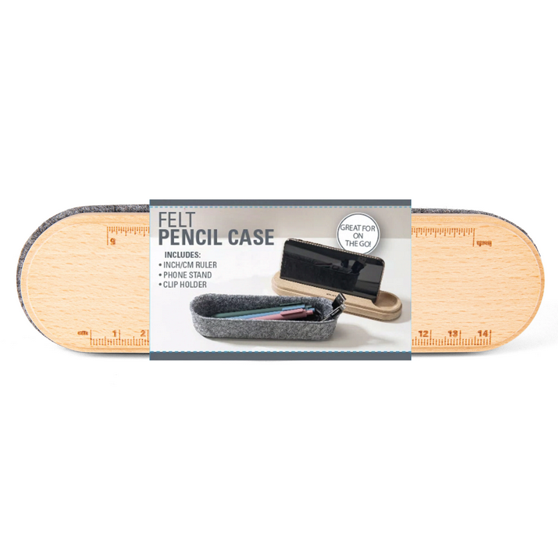 Felt pencil case with ruler and sharpener packaging on a white background