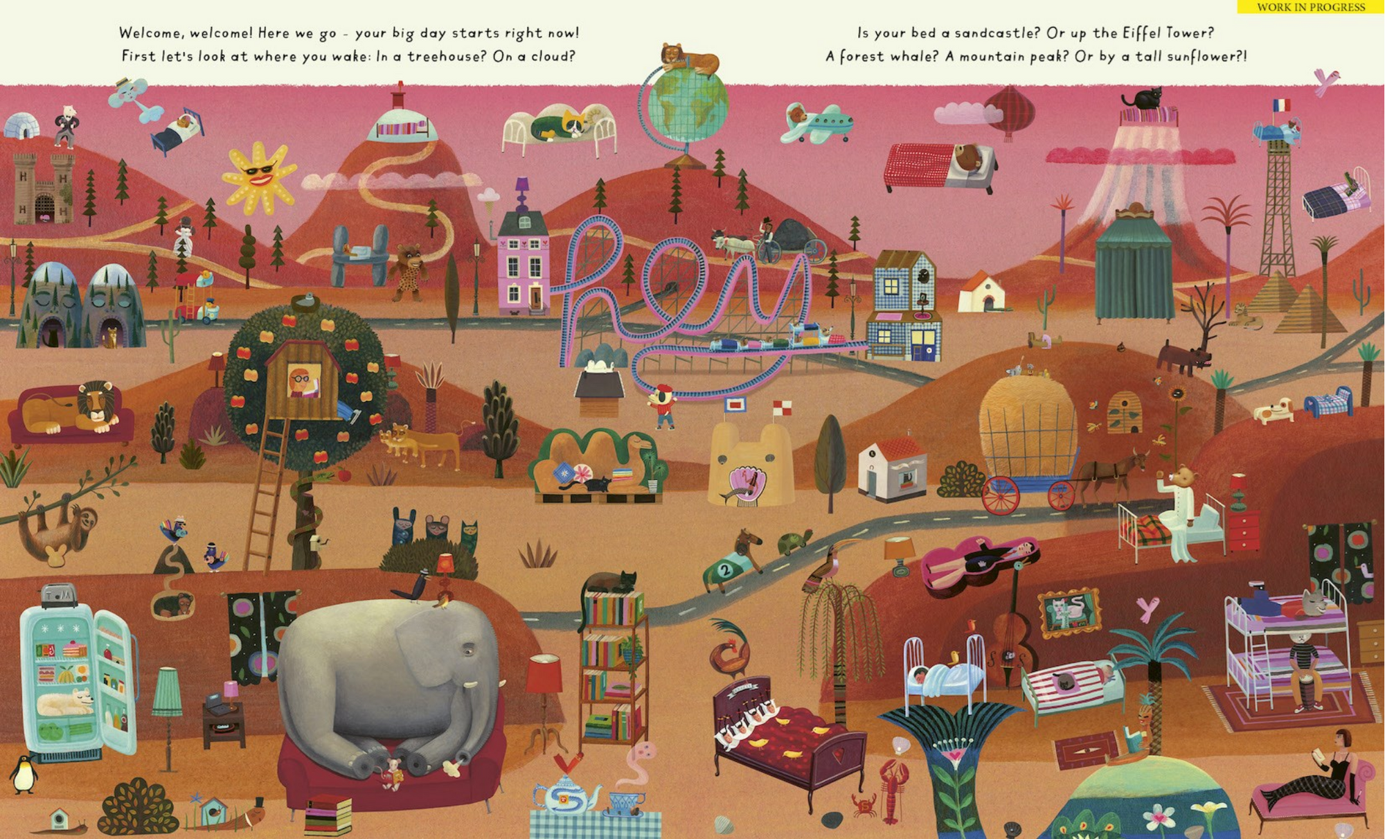 Colorful illustration of a cityscape with various activities and objects.