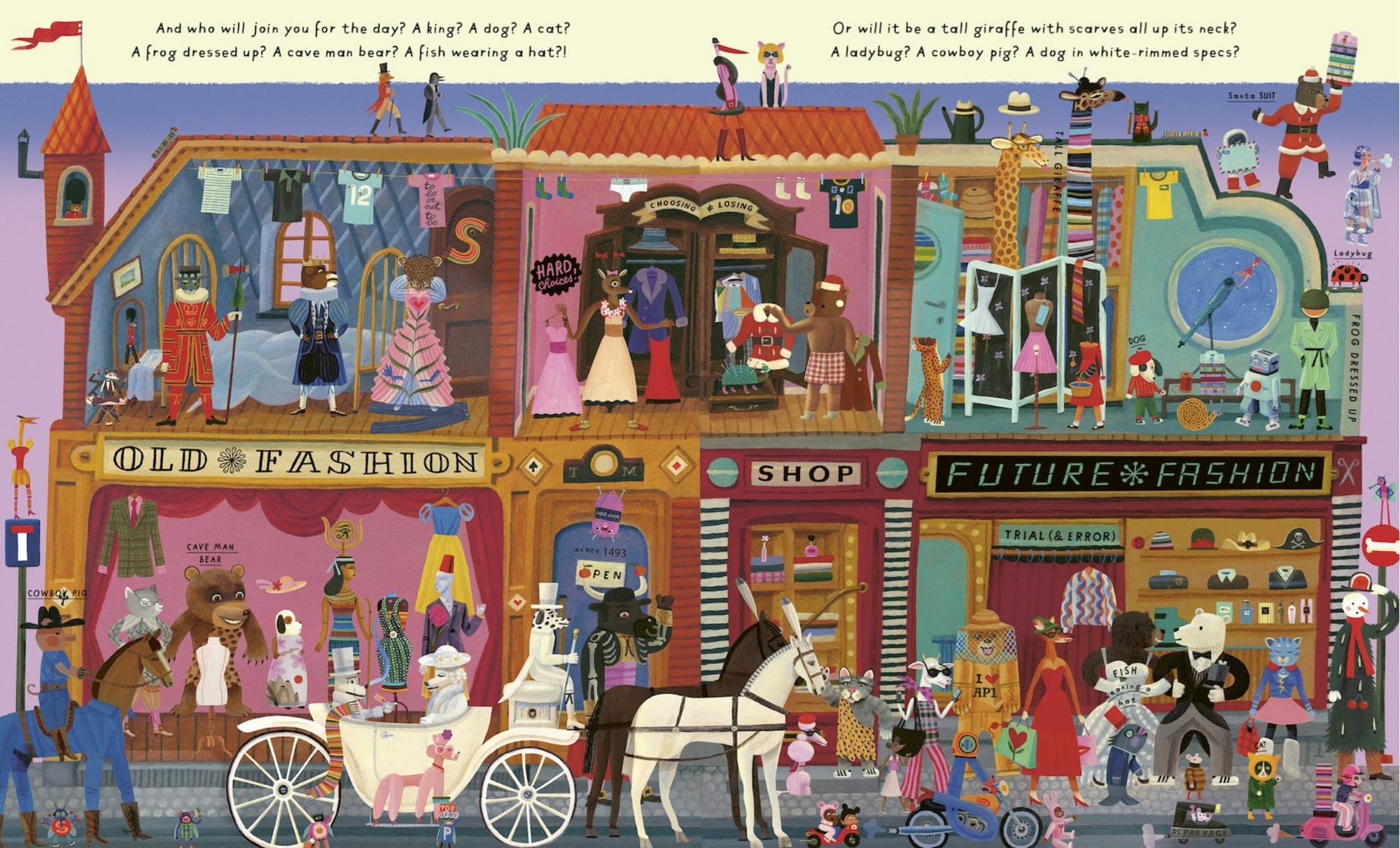 Colorful illustration of a busy street with shops and people in a vintage style.
