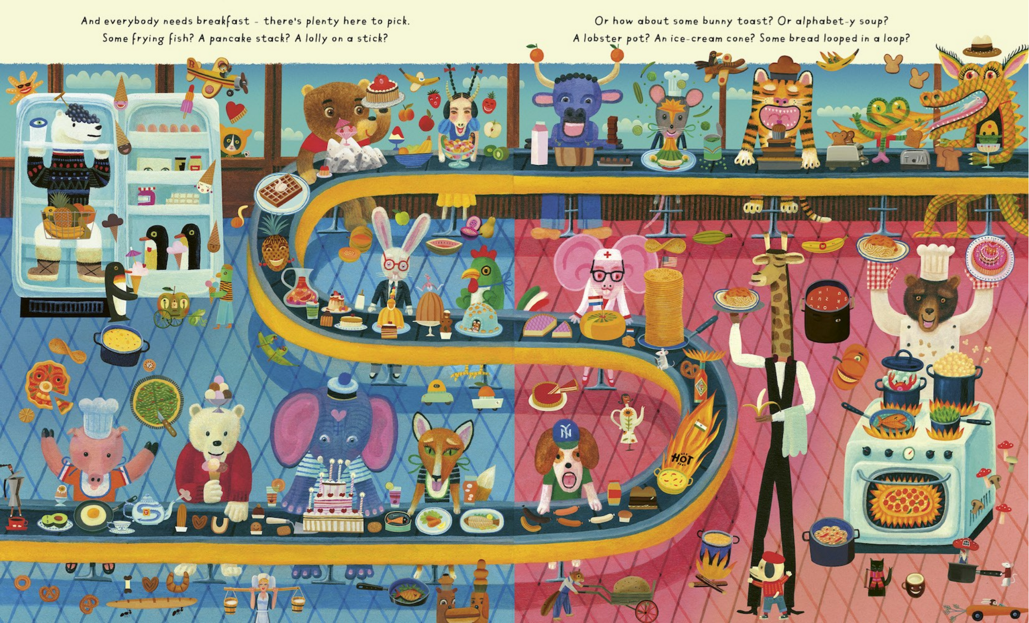 Colorful illustration of a breakfast scene with various animals at a counter.