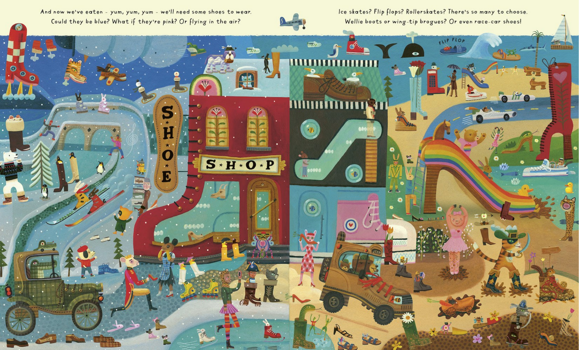 Colorful illustration of a shoe shop scene with various characters and activities.