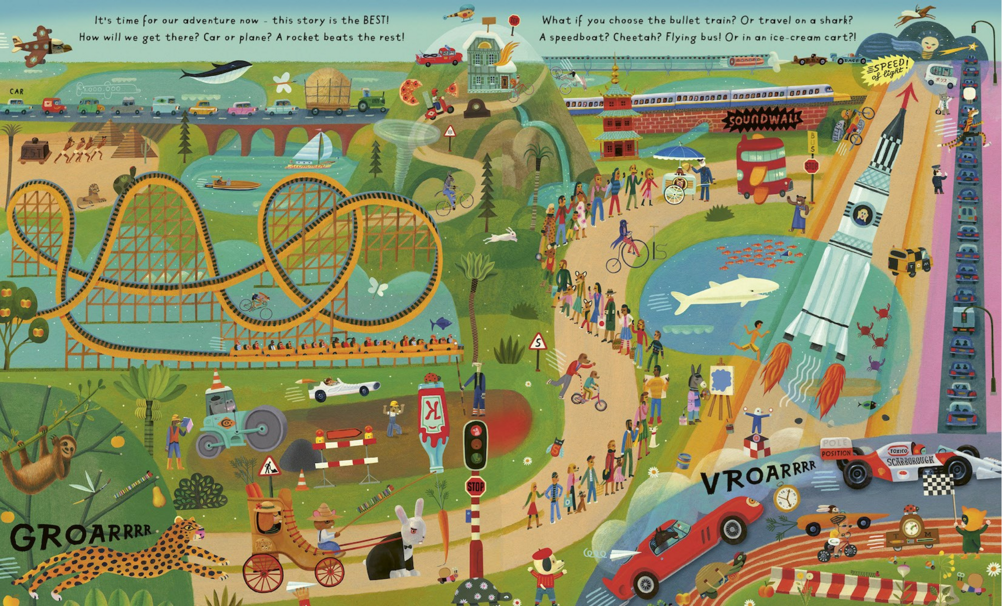 Colorful children's illustration of a theme park with various attractions and activities.