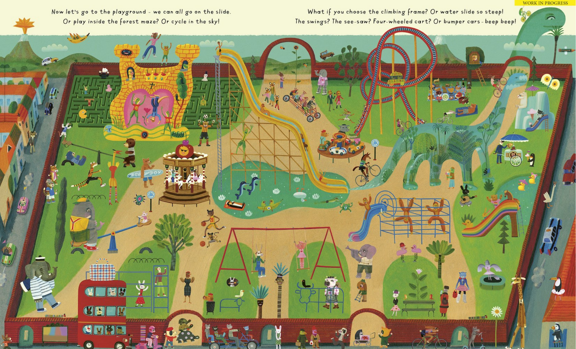 Colorful illustration of a playground with various activities and people.
