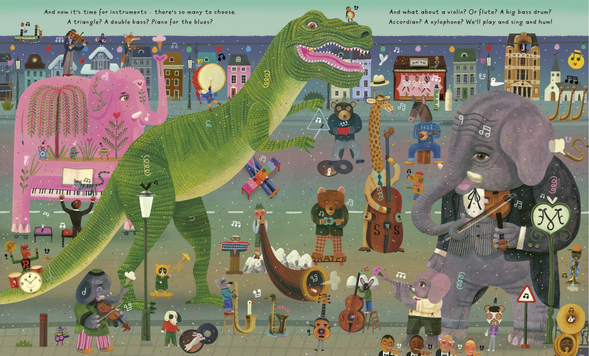 Illustration of a dinosaur and elephant playing instruments in a city street with other animals and people.