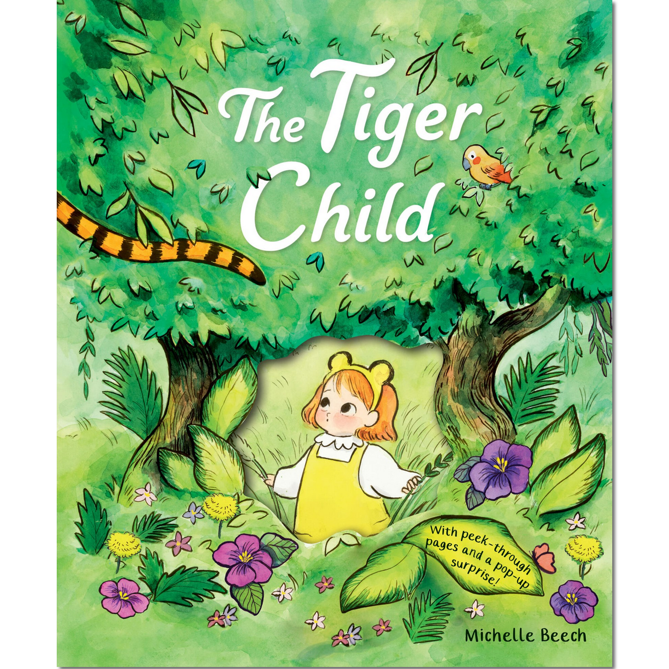 Book cover of 'The Tiger Child' with a child in a yellow dress in a forest setting.