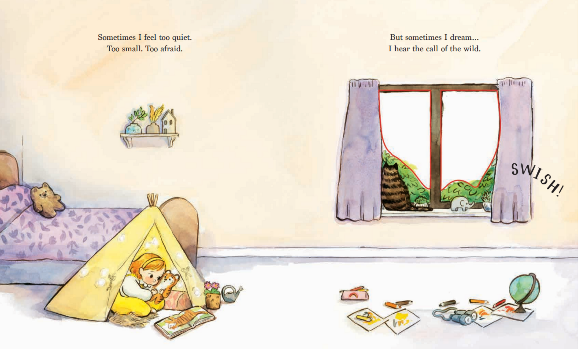 Illustration of a child in bed with a yellow tent, looking out a window with a cat outside.