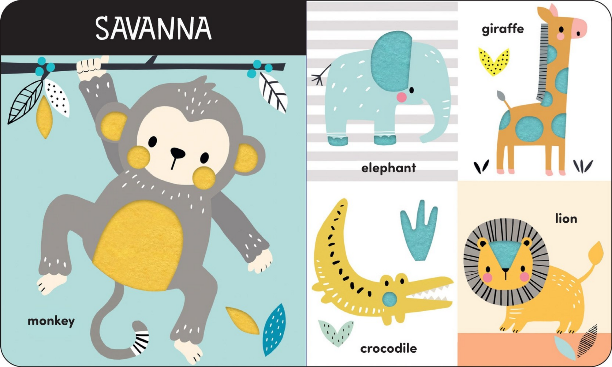 Children's book featuring animals like a monkey, elephant, giraffe, crocodile, and lion on a striped background.