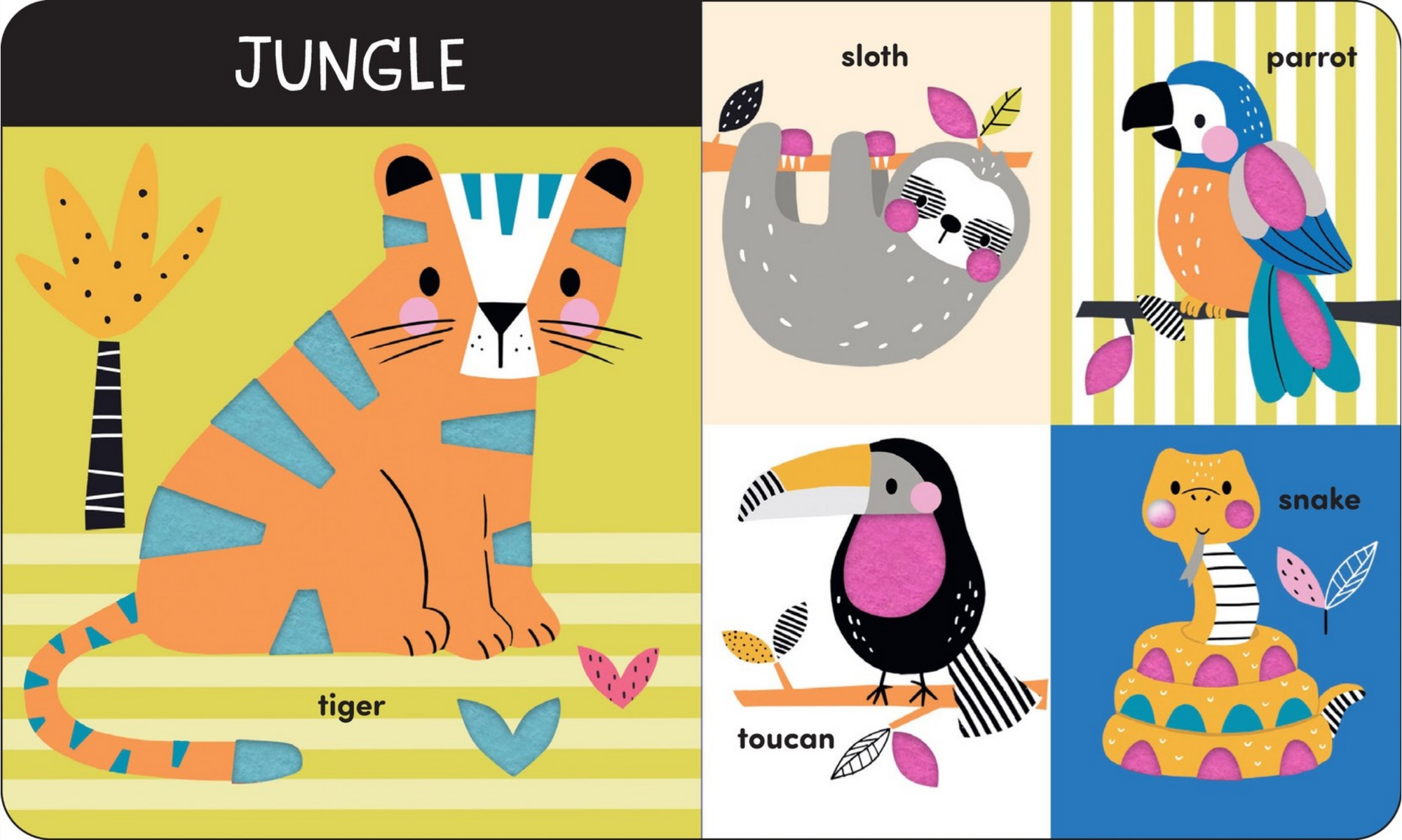 Children's educational book with jungle animals illustrations and labels.