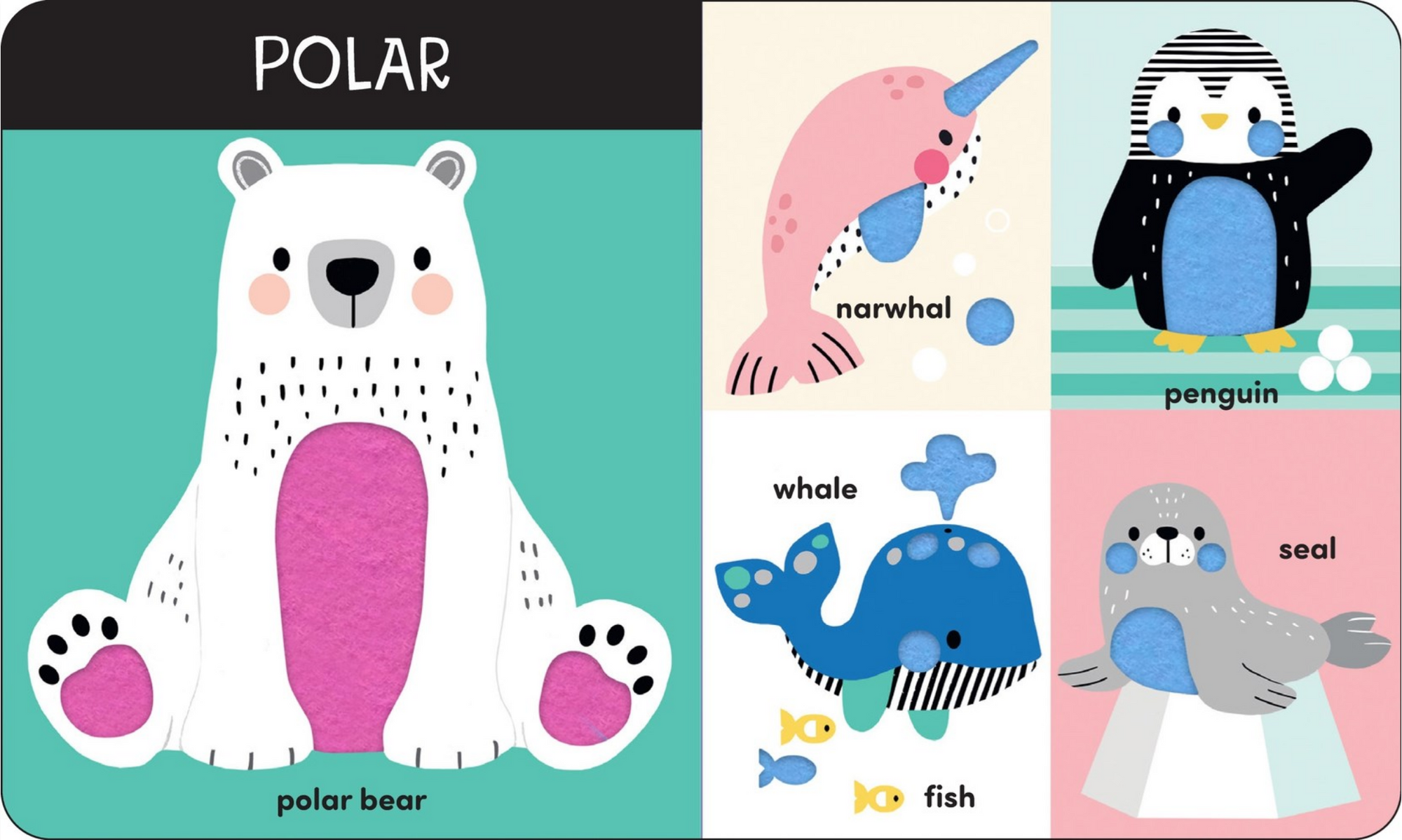 Educational book with polar animals including a polar bear, narwhal, whale, penguin, and seal.