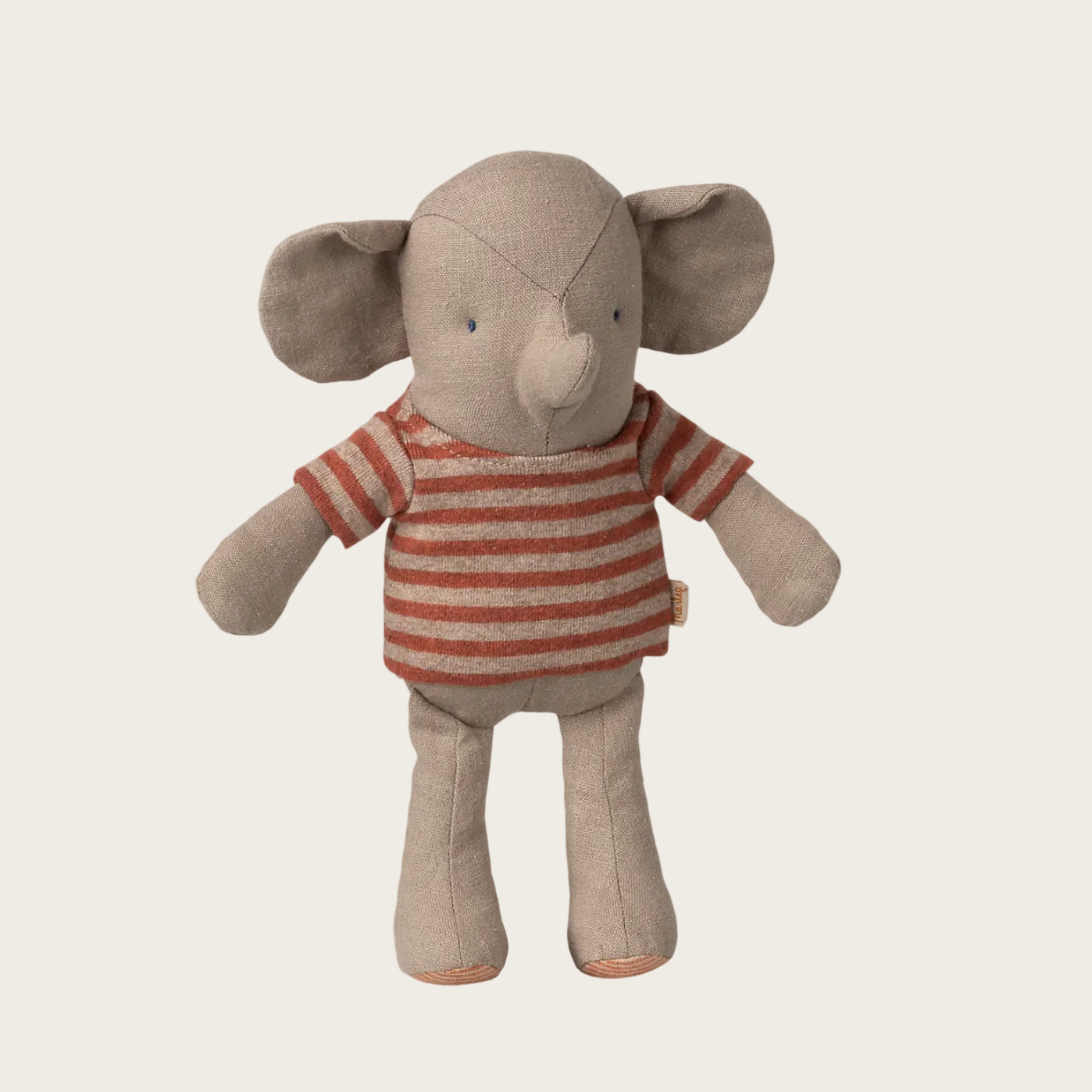 Stuffed elephant toy with a striped shirt on a website page with 'maileg' branding.