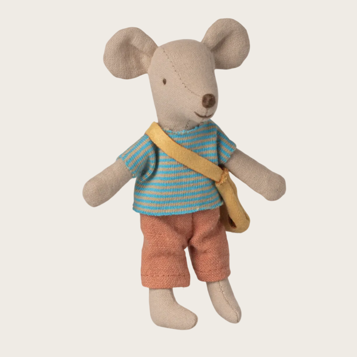 Stuffed toy mouse with a striped shirt and shorts 