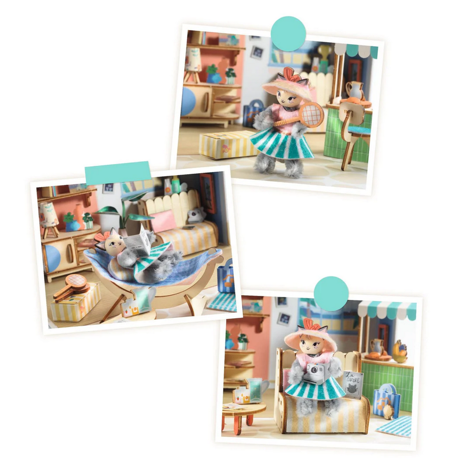 Collage of toy bear and cat in a miniature room setting with furniture and decor.