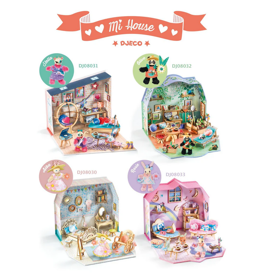 Collection of miniature dollhouse sets with colorful packaging on a white background, featuring the brand 'Mi House' and 'DJECO'.