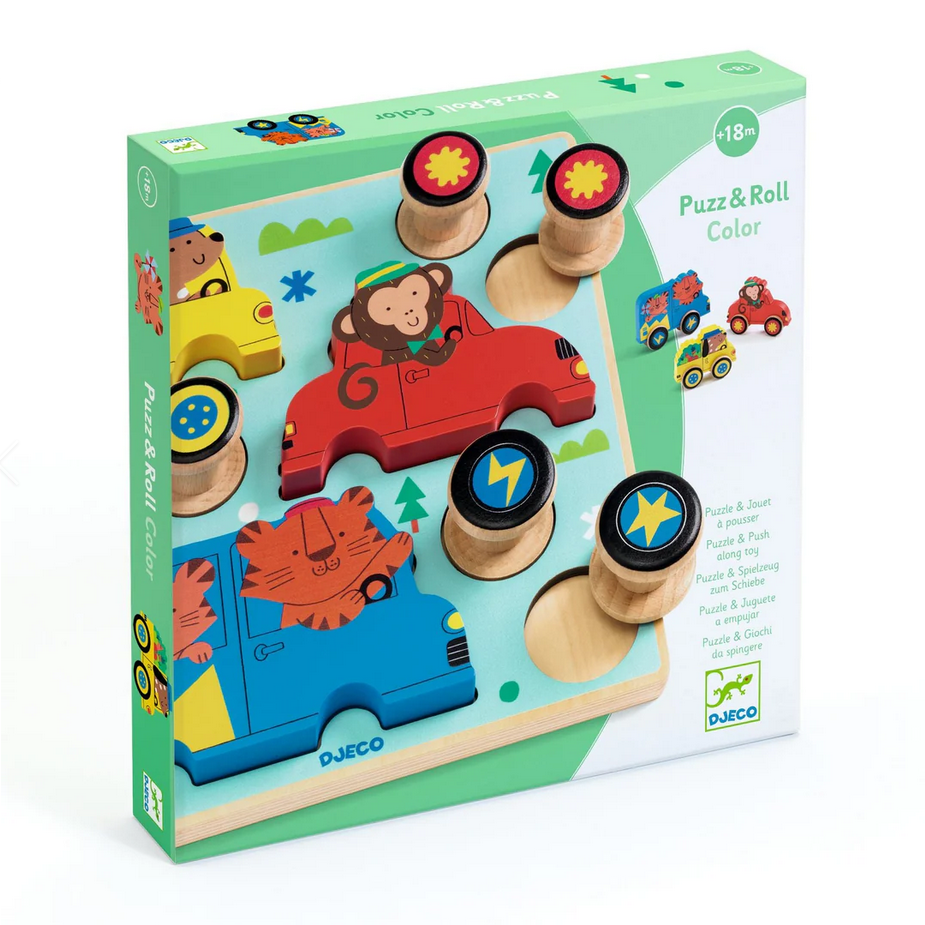 Box of a wooden puzzle and roll toy with colorful animals and DJECO branding.