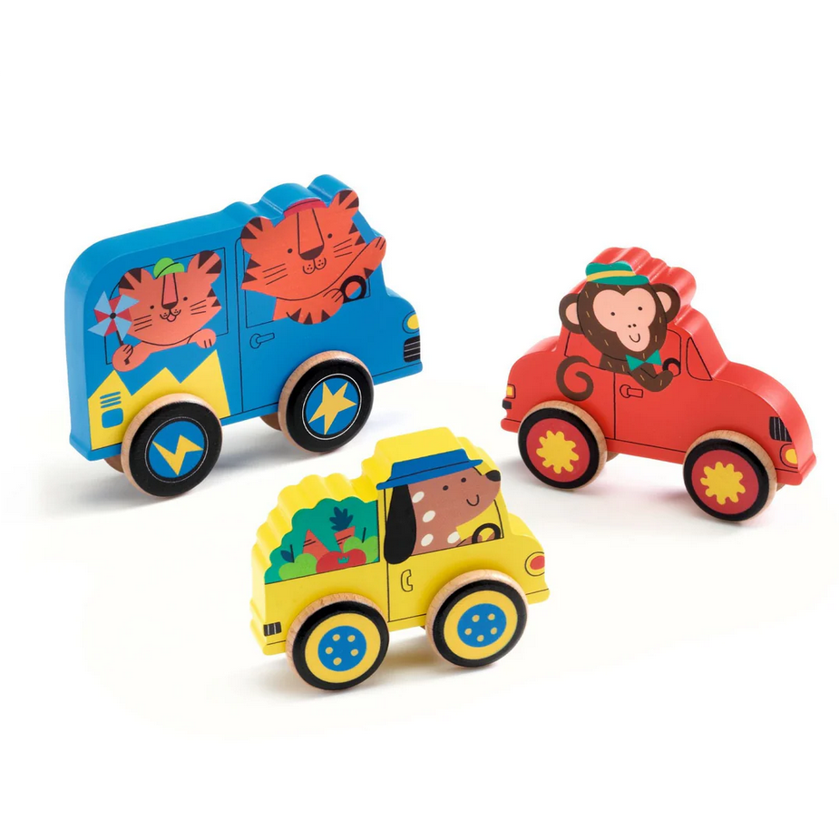 Set of colorful toy cars with animal faces on a white background