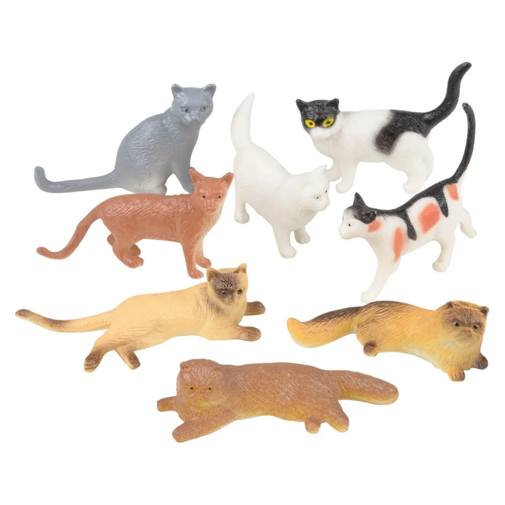 Set of cat figurines in various poses and colors on a white background
