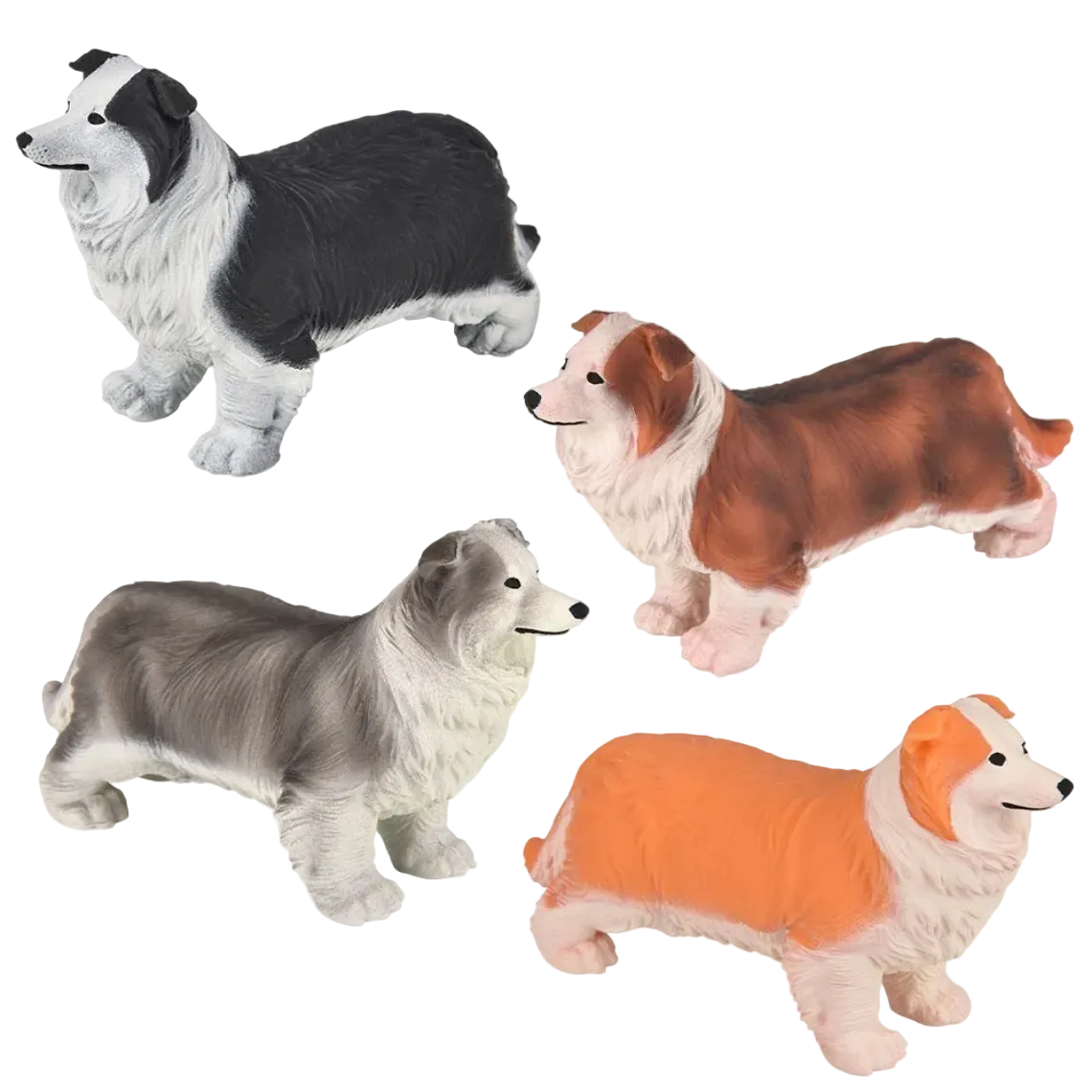 Four dog figurines in different colors on a white background